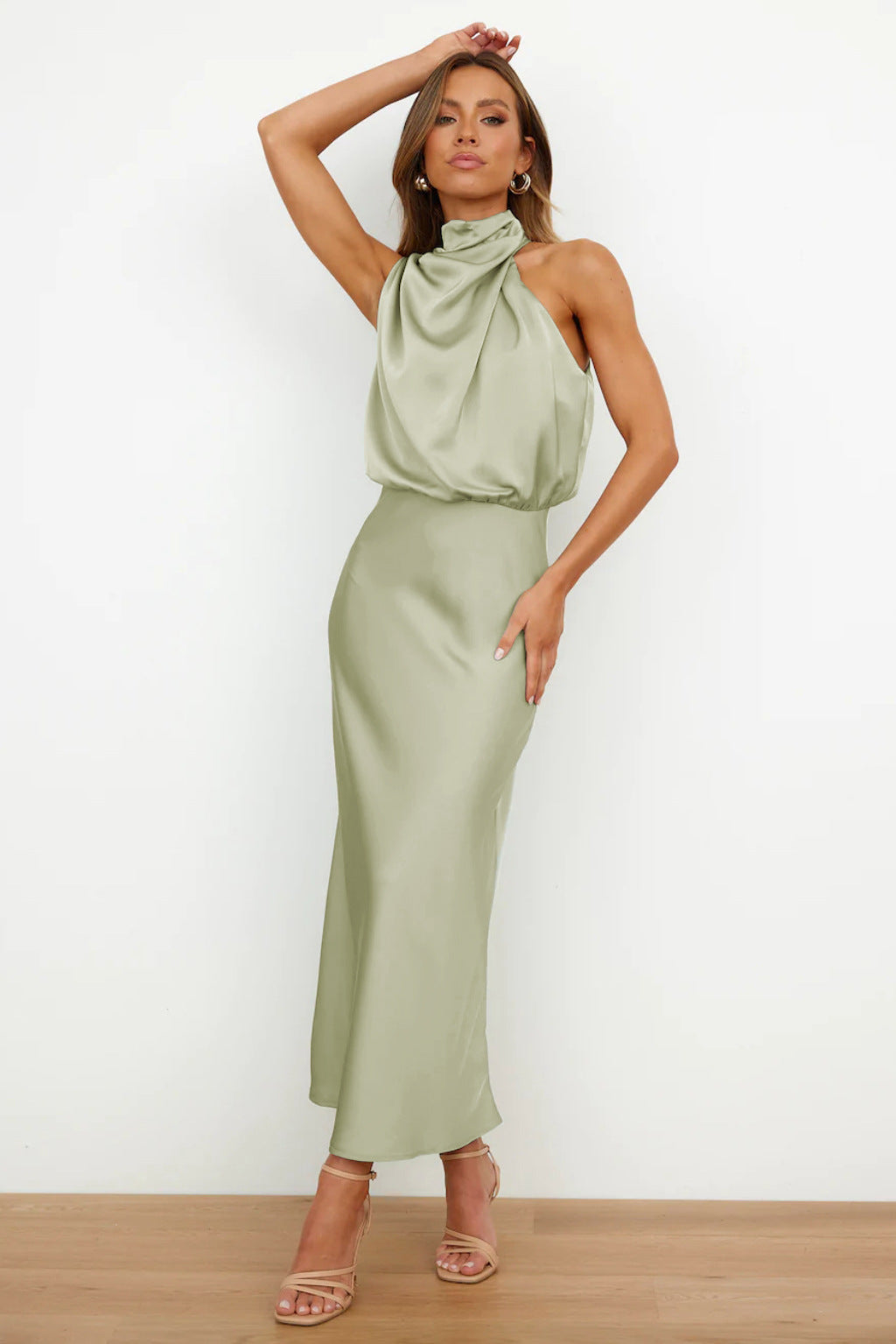 Carlina Satin Halter Wedding Guest Maxi Dress