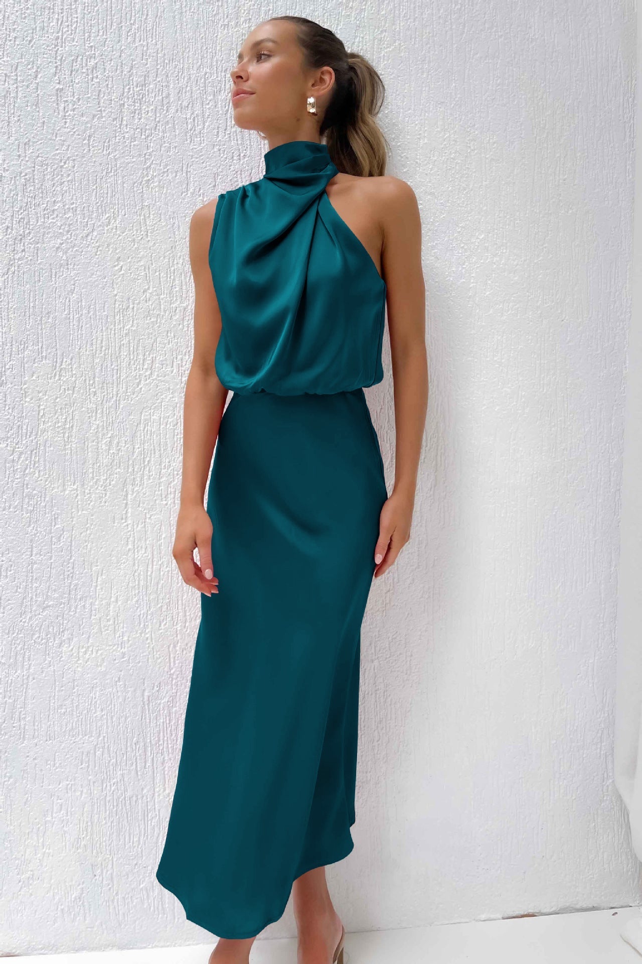Carlina Satin Halter Wedding Guest Maxi Dress