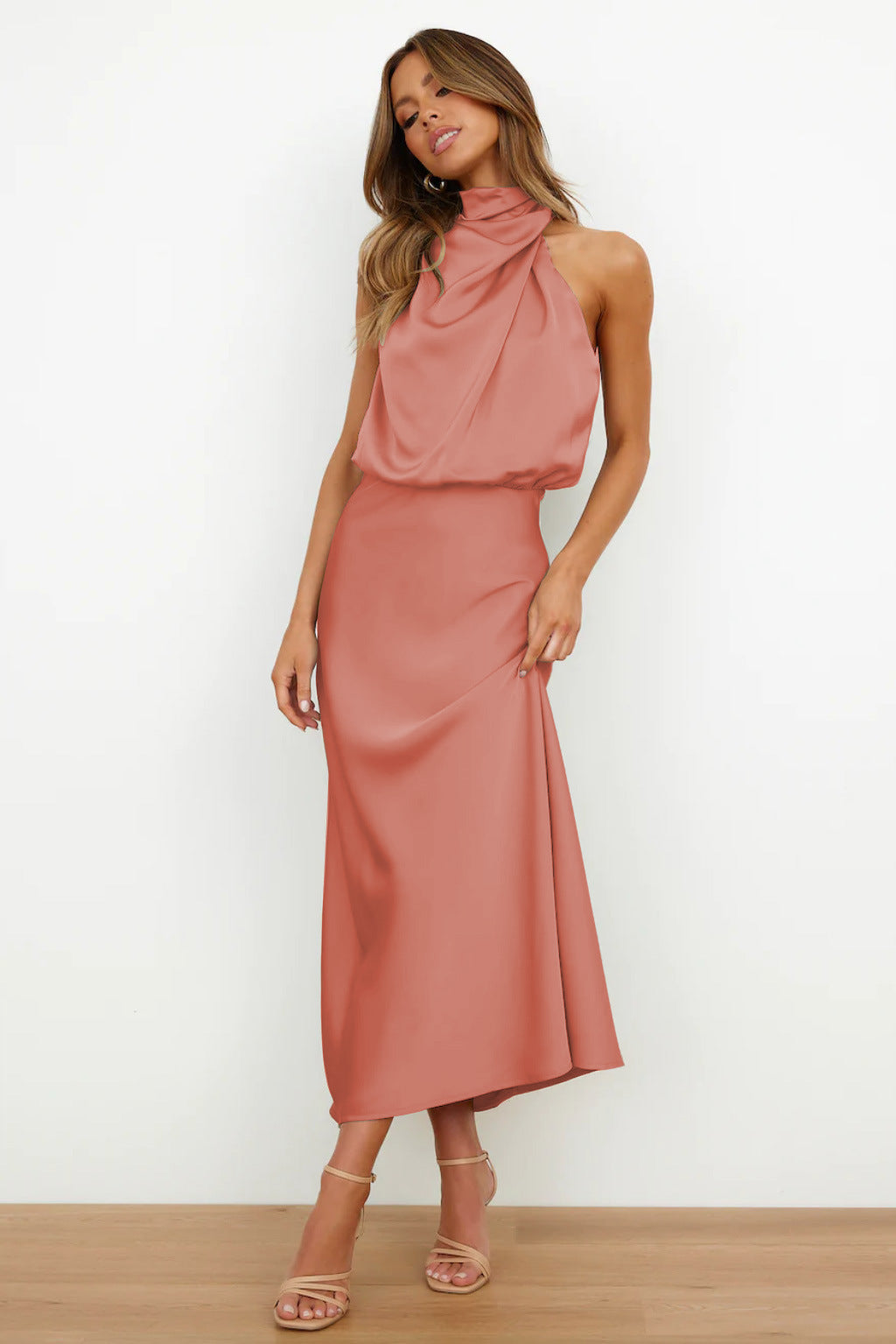 Carlina Satin Halter Wedding Guest Maxi Dress