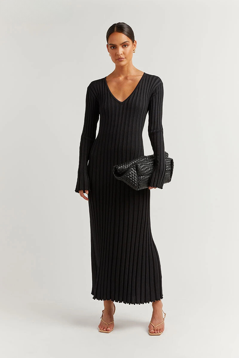 Chiara Long Sleeve Ribbed Knit Sweater Midi Dress