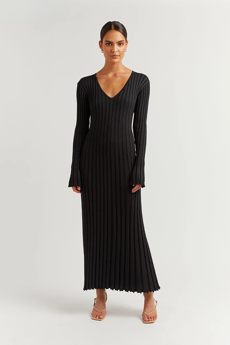 Chiara Long Sleeve Ribbed Knit Sweater Midi Dress