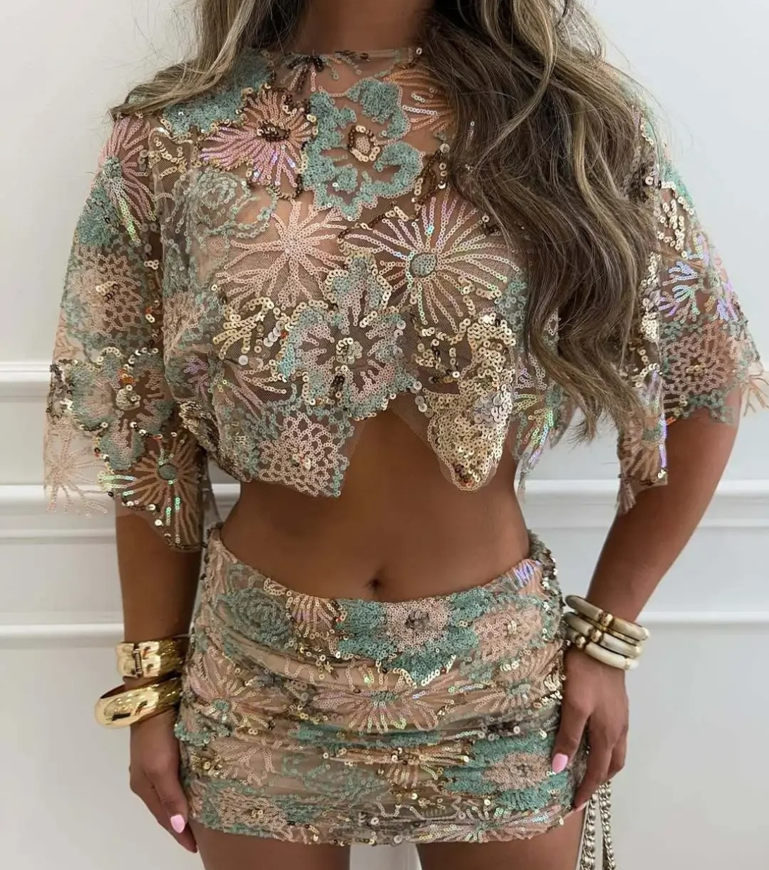 Raina Floral Embroidered Mini Skirt Set