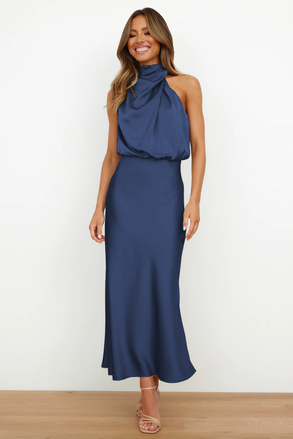 Carlina Satin Halter Wedding Guest Maxi Dress