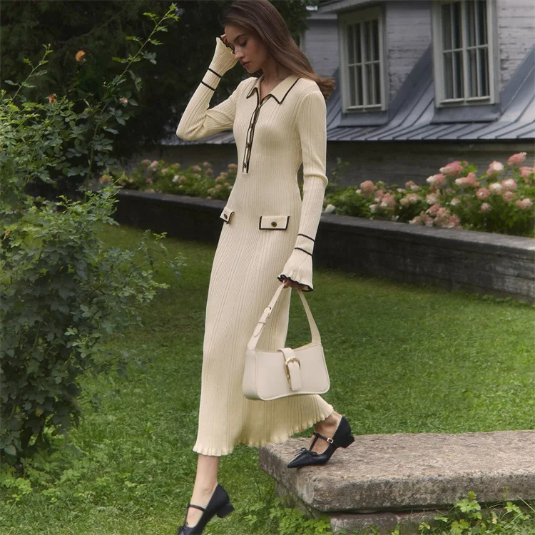 Évelyne Contrast Trim Ruffle Cuff Elegant Ribbed Knit Sweater Midi Dress