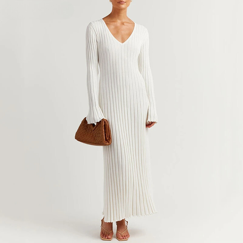 Chiara Long Sleeve Ribbed Knit Sweater Midi Dress