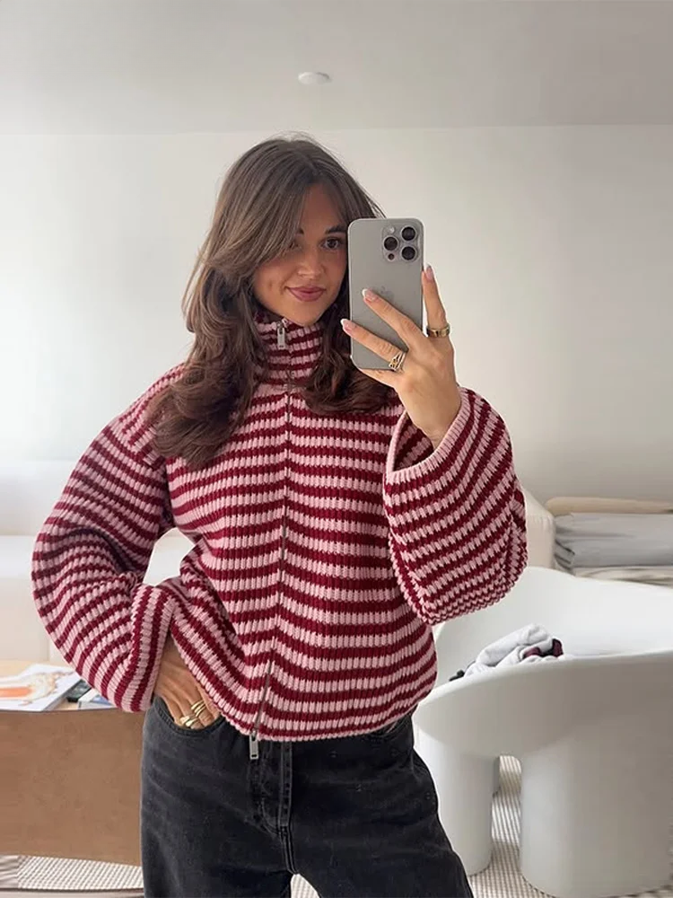 Marcelita Striped Knit Zip Top