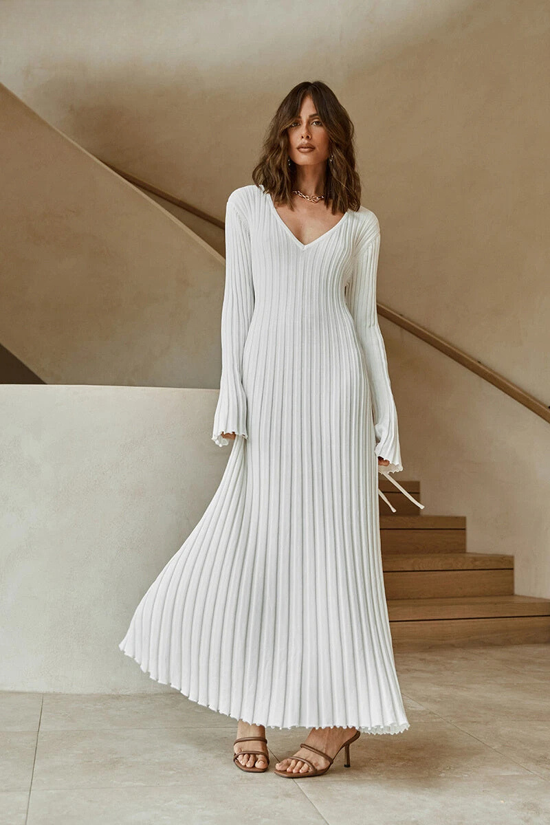 Chiara Long Sleeve Ribbed Knit Sweater Midi Dress
