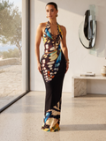 Solienne Butterfly Print Halter Summer Maxi Dress