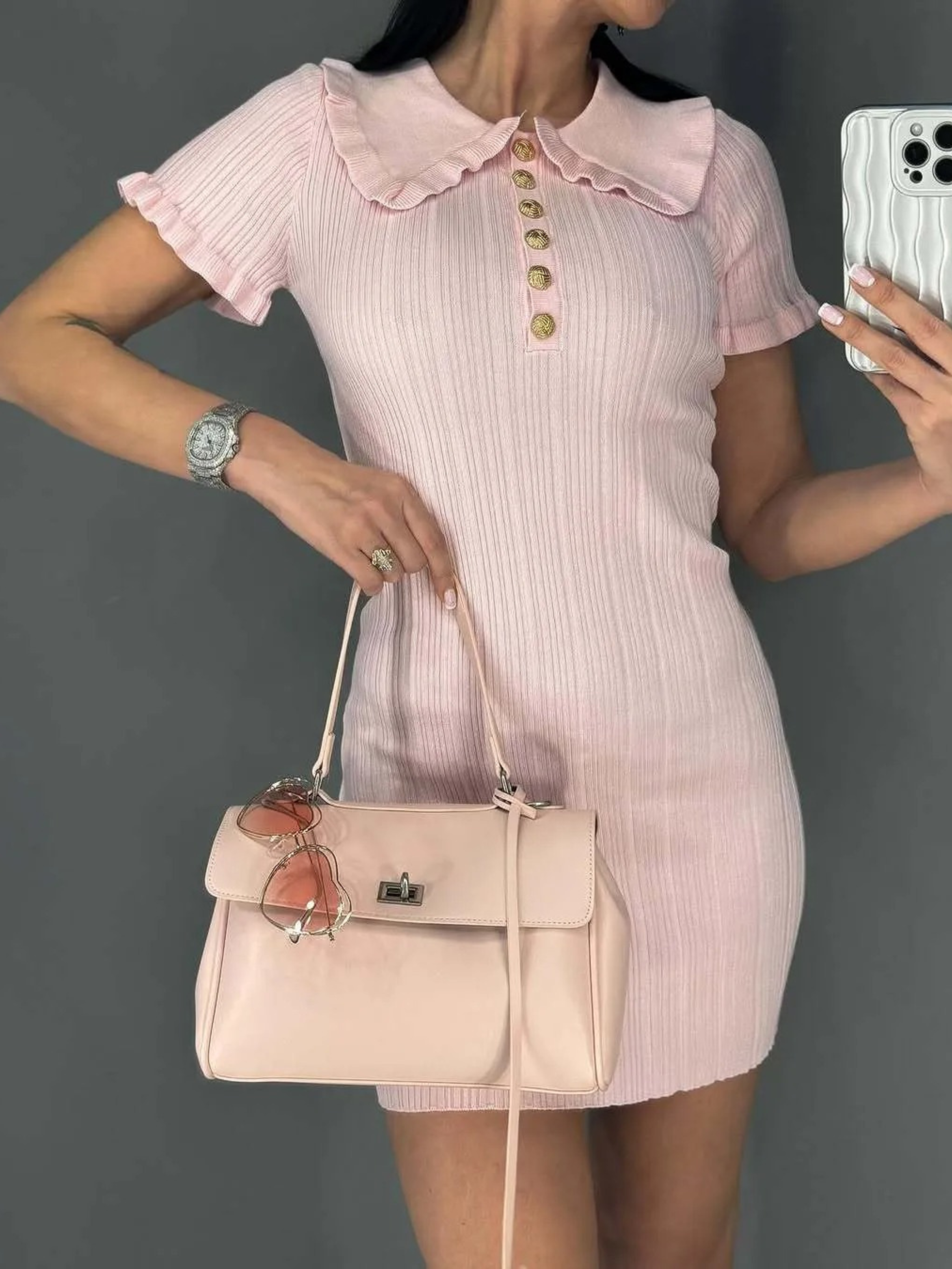 Estelle Short Sleeve Ribbed Knit Sweater Mini Dress