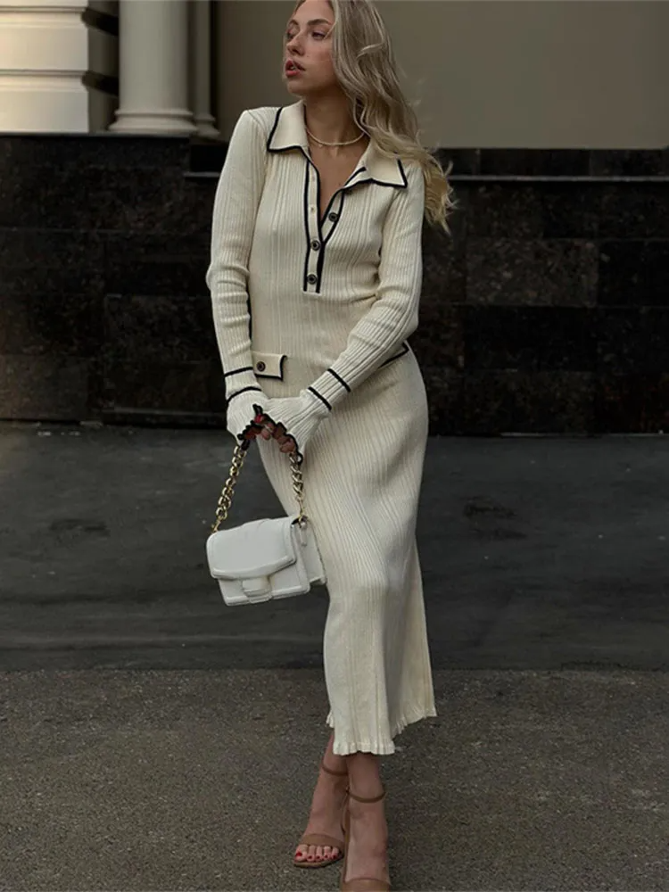 Évelyne Contrast Trim Ruffle Cuff Elegant Ribbed Knit Sweater Midi Dress