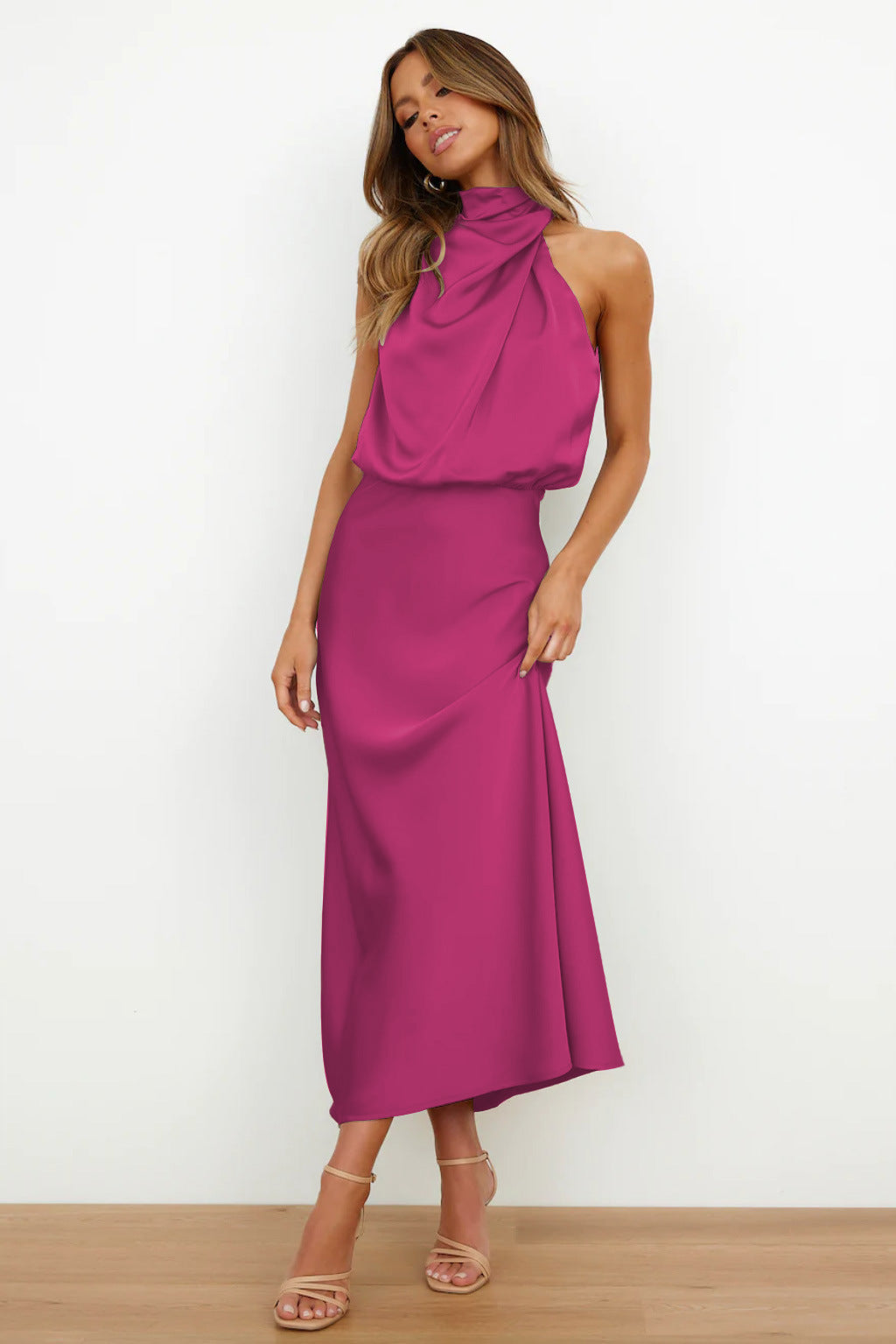 Carlina Satin Halter Wedding Guest Maxi Dress