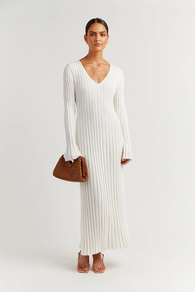 Chiara Long Sleeve Ribbed Knit Sweater Midi Dress