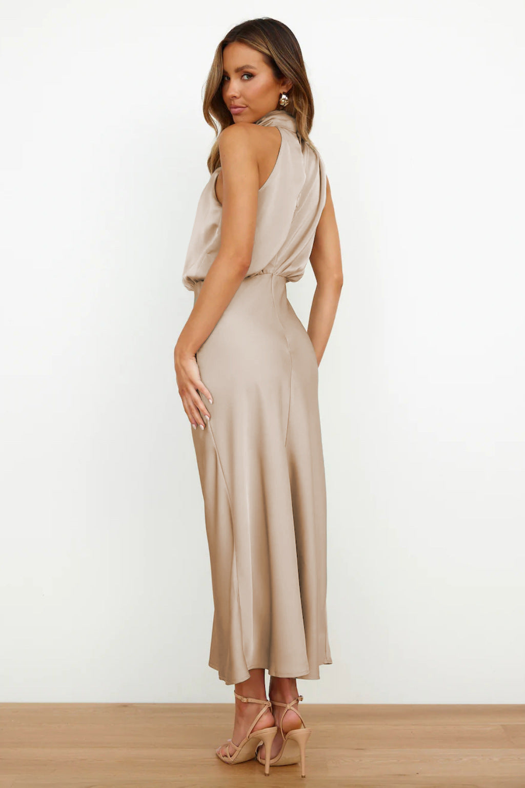 Carlina Satin Halter Wedding Guest Maxi Dress