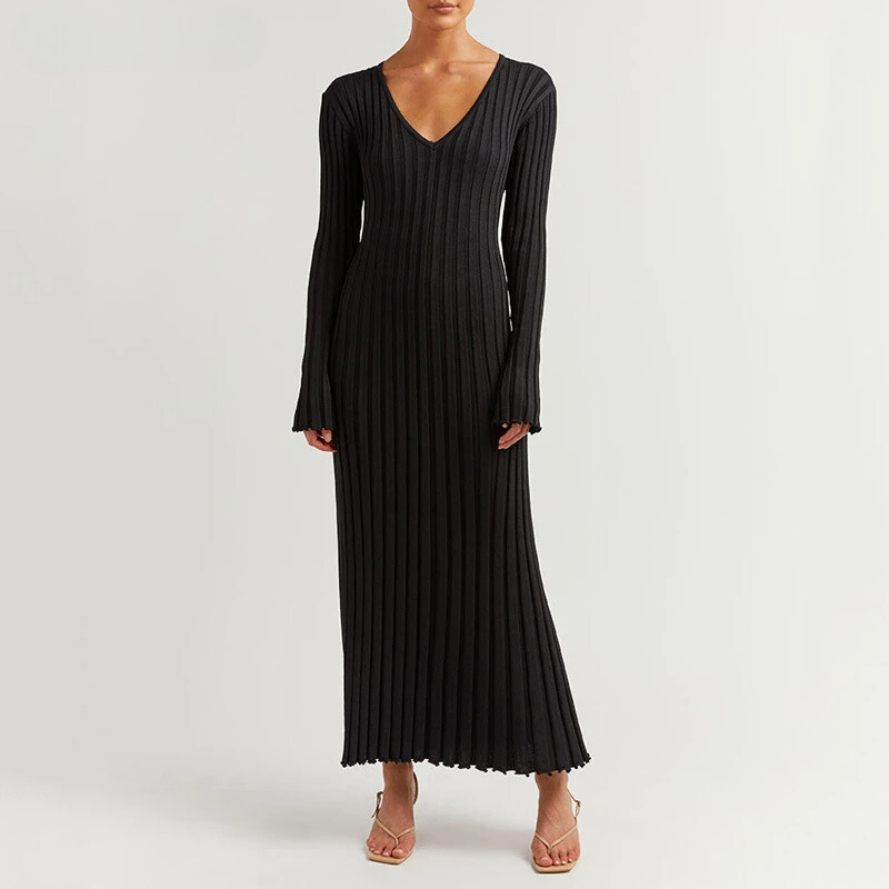 Chiara Long Sleeve Ribbed Knit Sweater Midi Dress