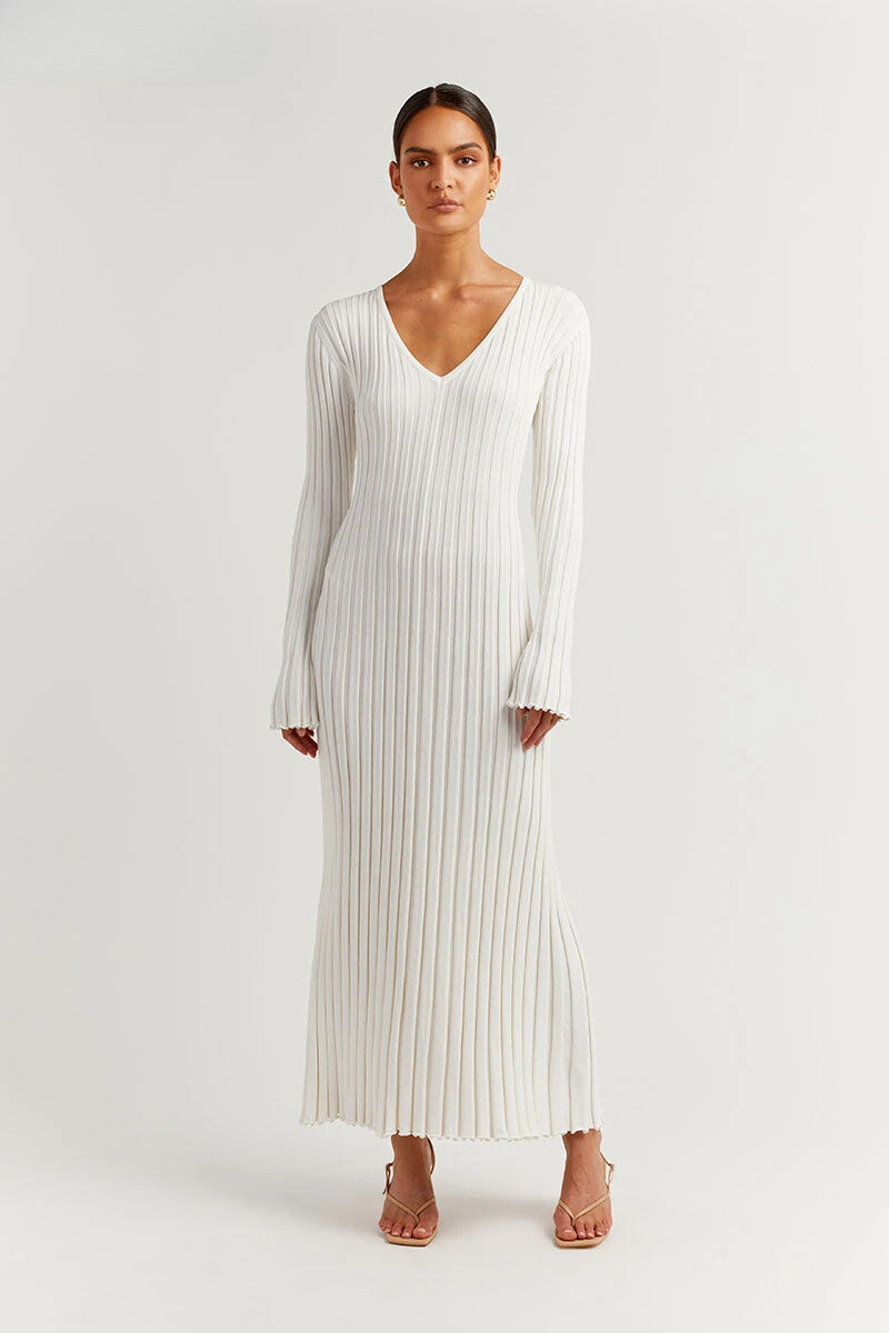 Chiara Long Sleeve Ribbed Knit Sweater Midi Dress