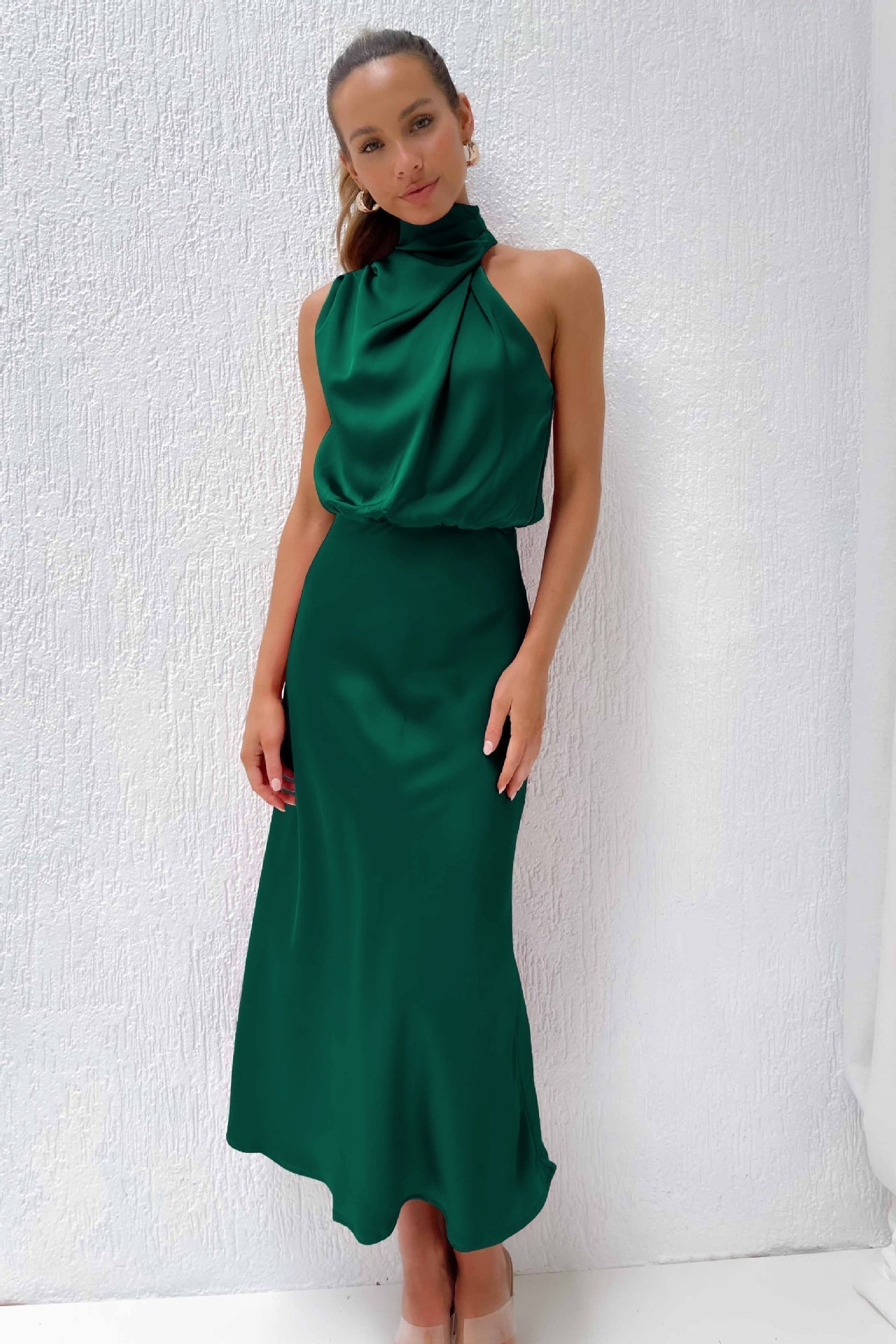 Carlina Satin Halter Wedding Guest Maxi Dress