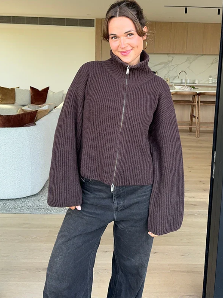 Marcelita Striped Knit Zip Top