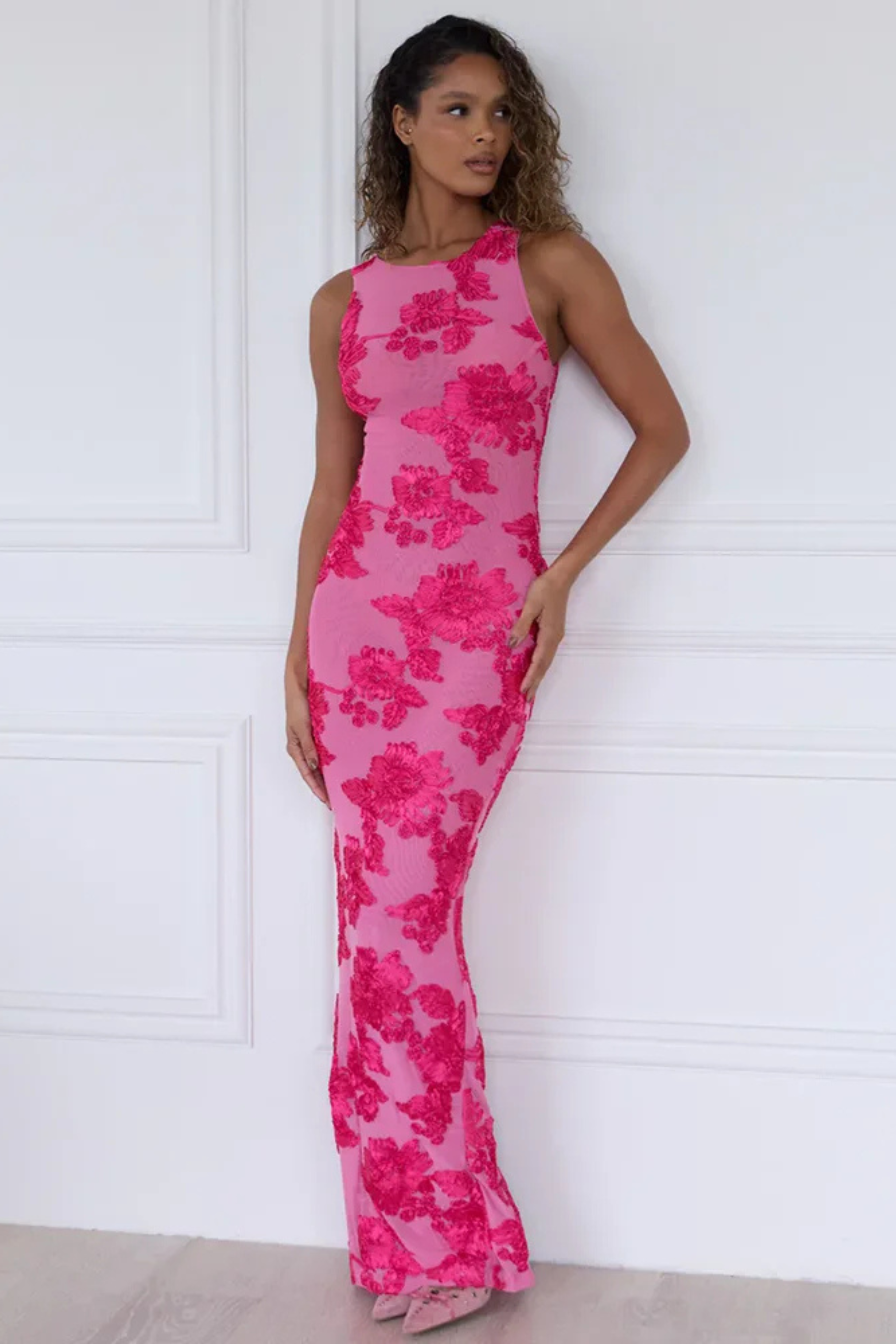 Amara Pink Floral Wedding Guest Maxi Dress