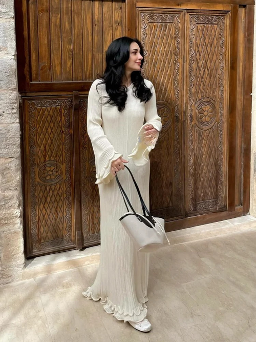 Barbanella Long Sleeve Flowy Ribbed Knit Sweater Maxi Dress