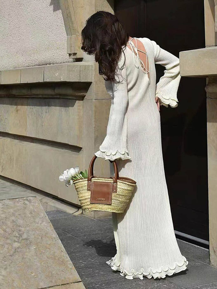 Barbanella Long Sleeve Flowy Ribbed Knit Sweater Maxi Dress