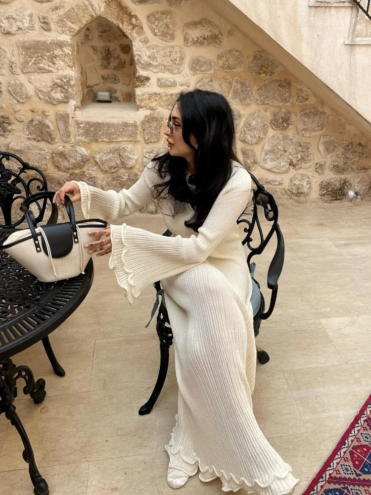 Barbanella Long Sleeve Flowy Ribbed Knit Sweater Maxi Dress