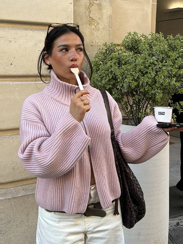 Marcelita Striped Knit Zip Top