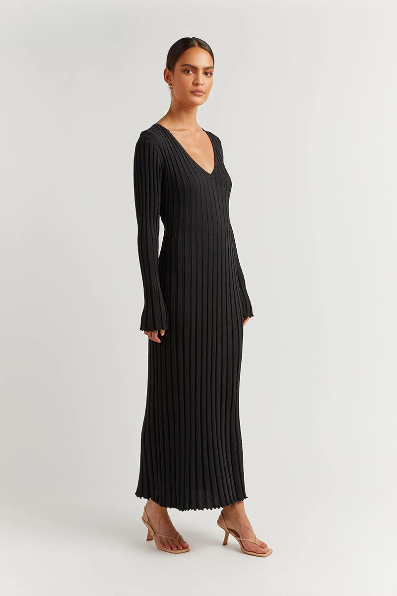 Chiara Long Sleeve Ribbed Knit Sweater Midi Dress