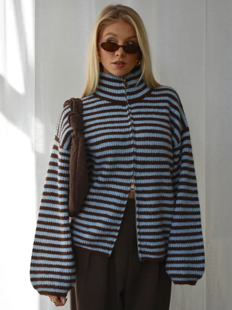 Marcelita Striped Knit Zip Top