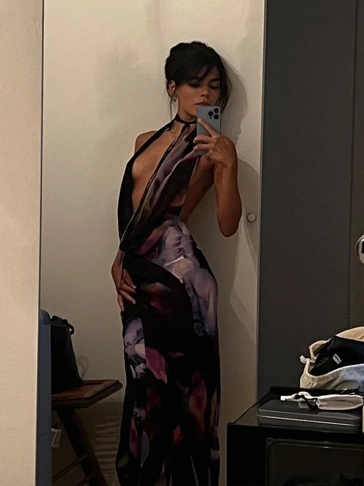 Celinda Watercolor Print Halter Maxi Dress