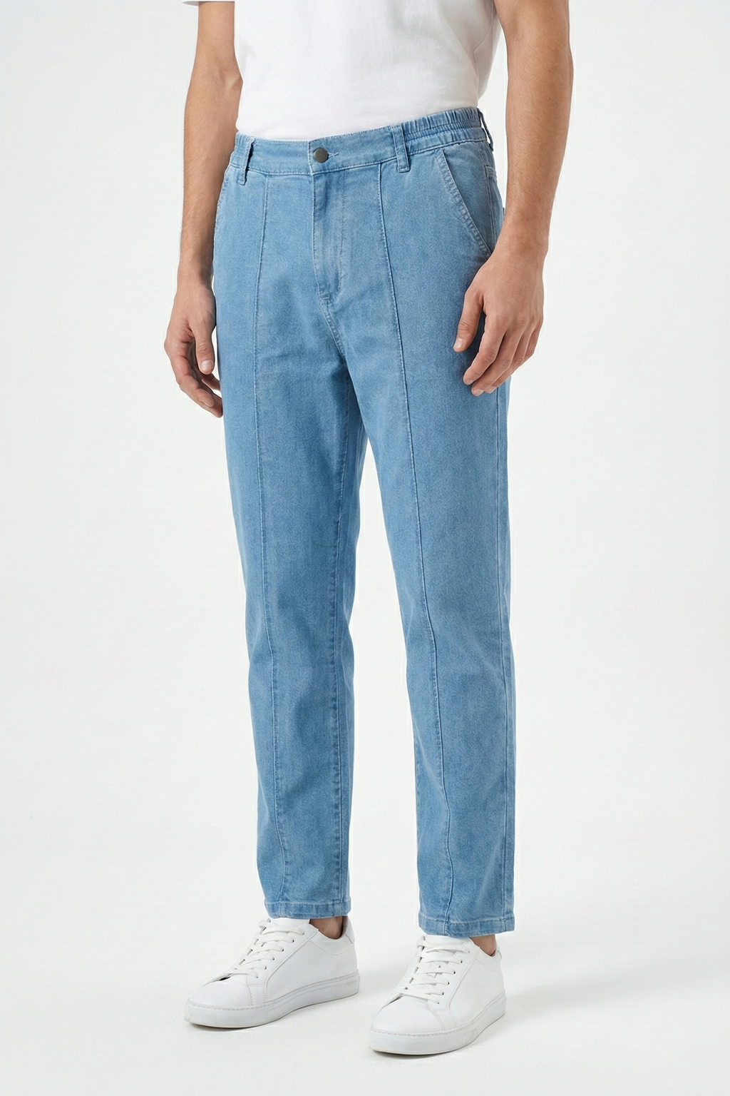 French Terry Light Blue Pleated Denim