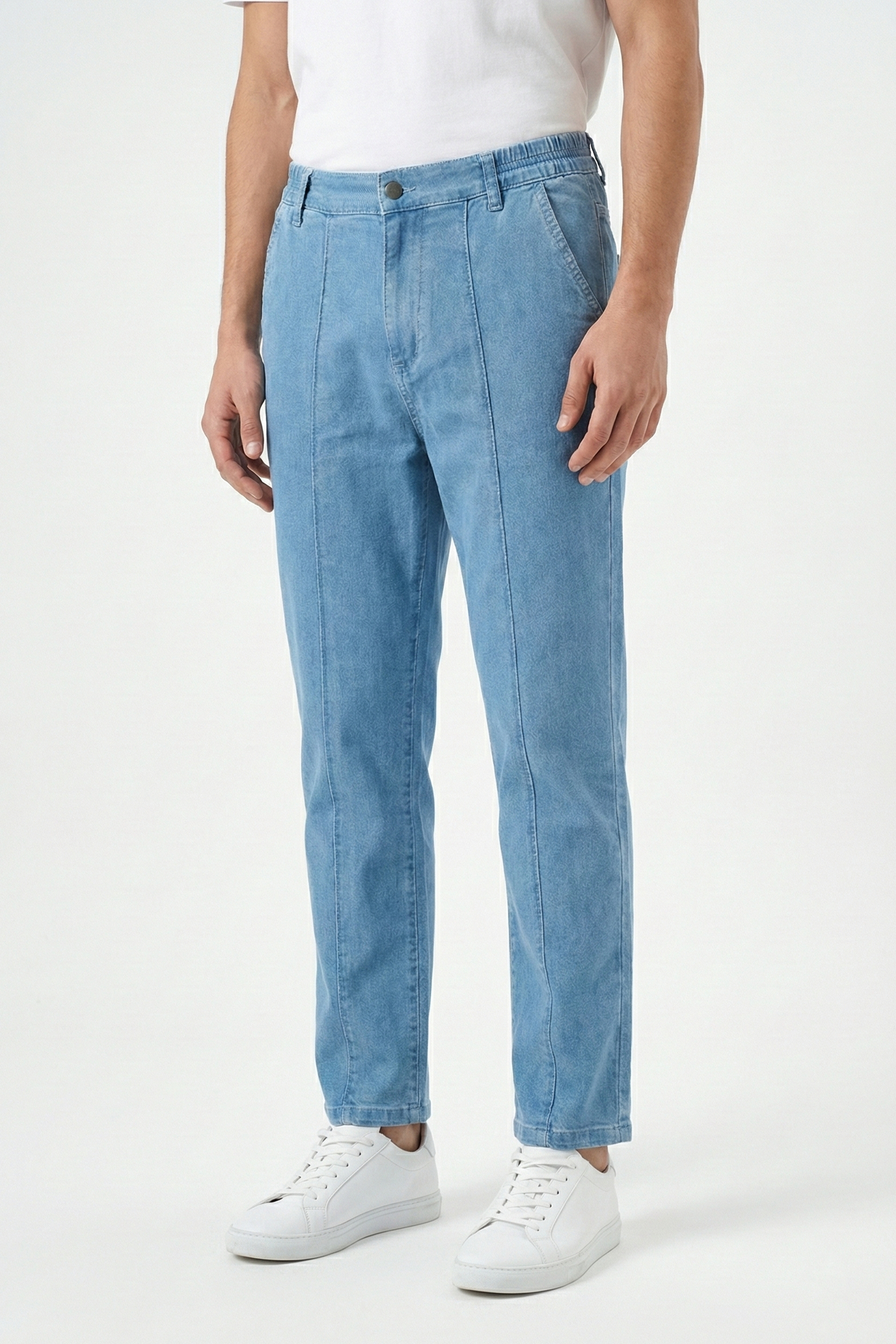 French Terry Light Blue Pleated Denim