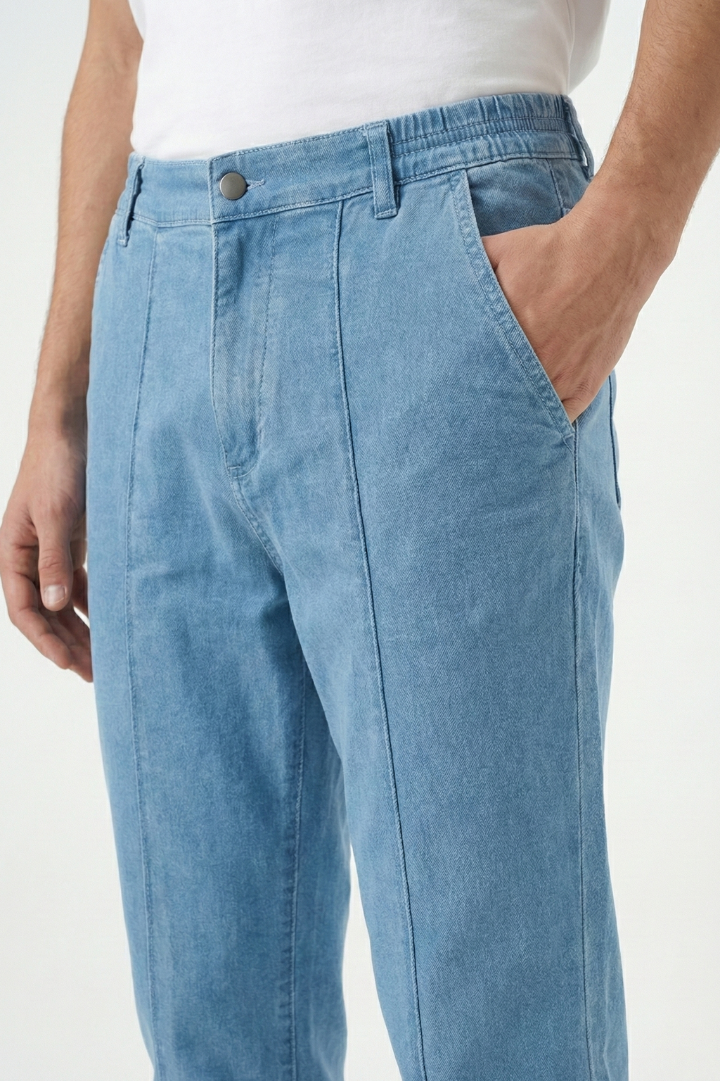 French Terry Light Blue Pleated Denim