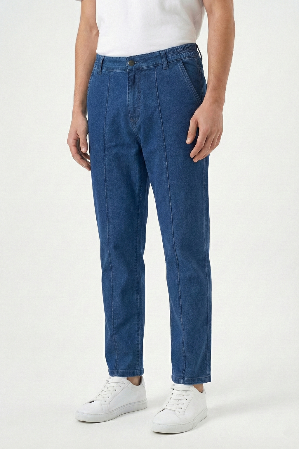 French Terry Medium Blue Pleated Denim
