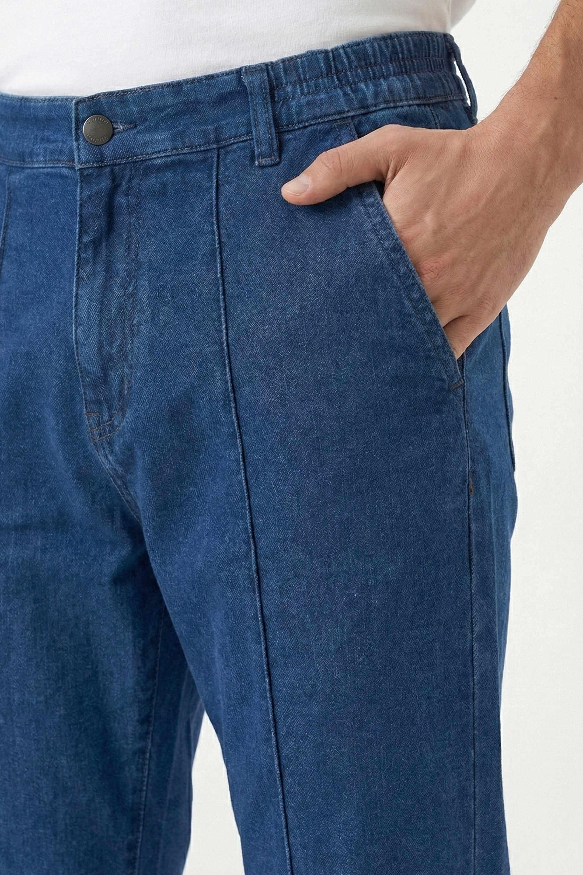 French Terry Medium Blue Pleated Denim