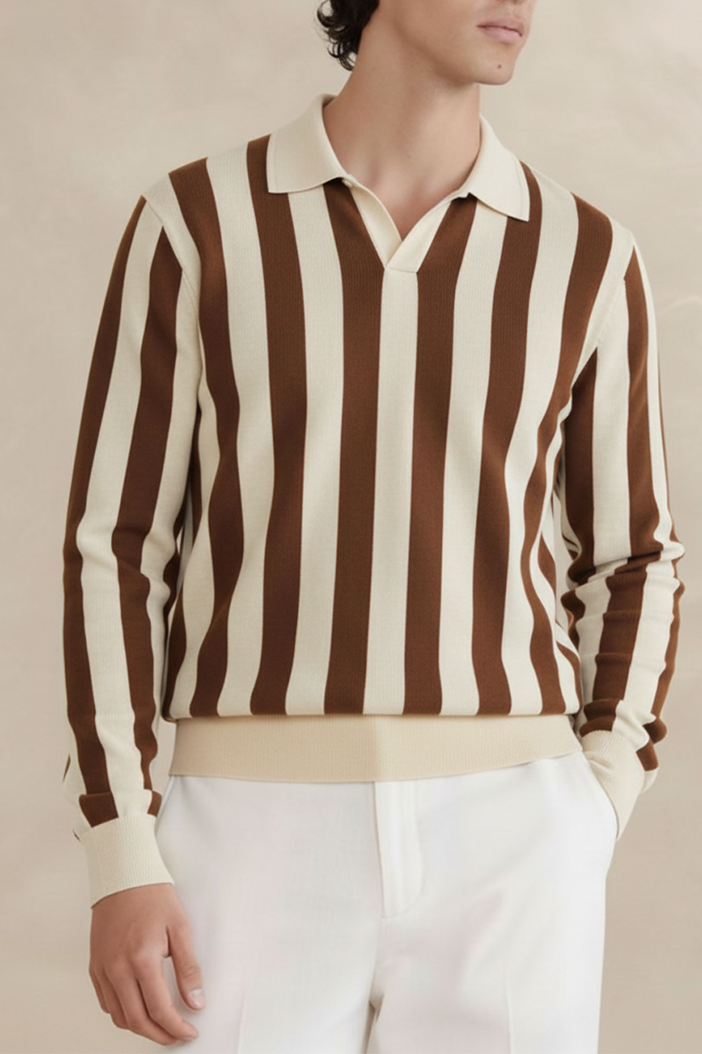 Brown Textured Striped Polo sweater