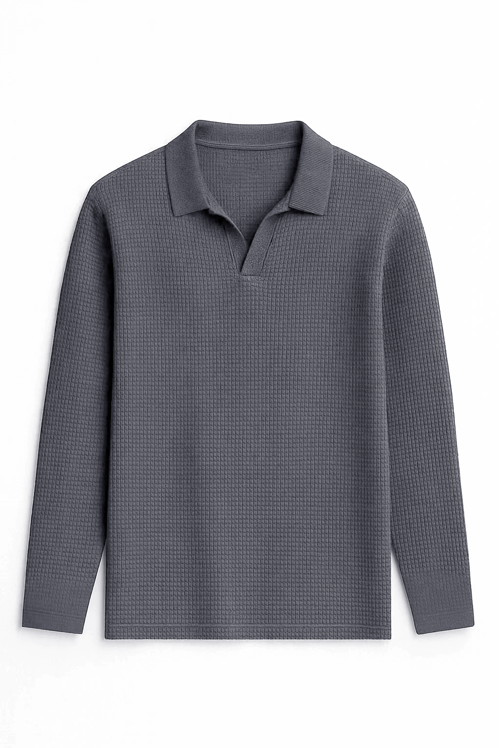 Smoke Grey Waffle Knit Full Sleeve Johnny Collar Polo