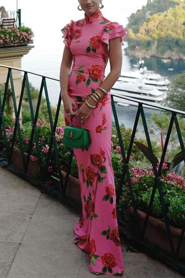 Timotea Rose Print Flutter Sleeve Wedding Guest Maxi Dress