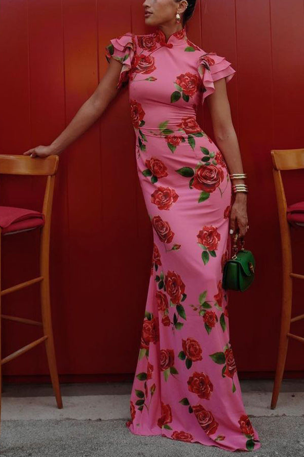 Timotea Rose Print Flutter Sleeve Wedding Guest Maxi Dress