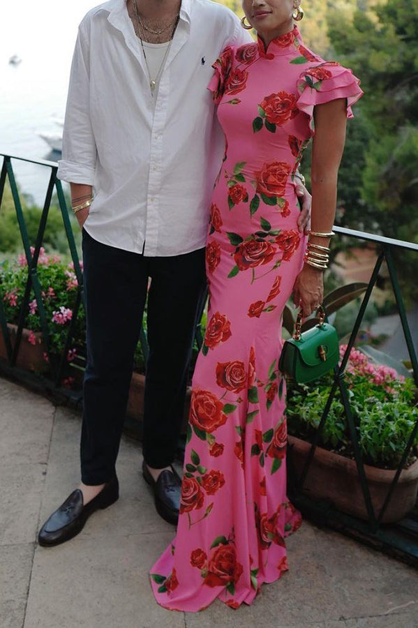 Timotea Rose Print Flutter Sleeve Wedding Guest Maxi Dress