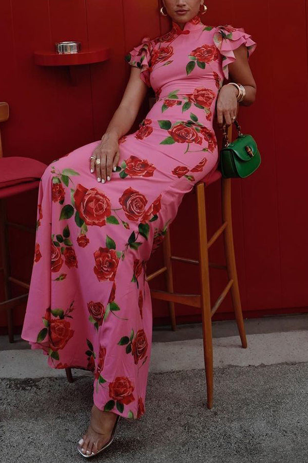 Timotea Rose Print Flutter Sleeve Wedding Guest Maxi Dress