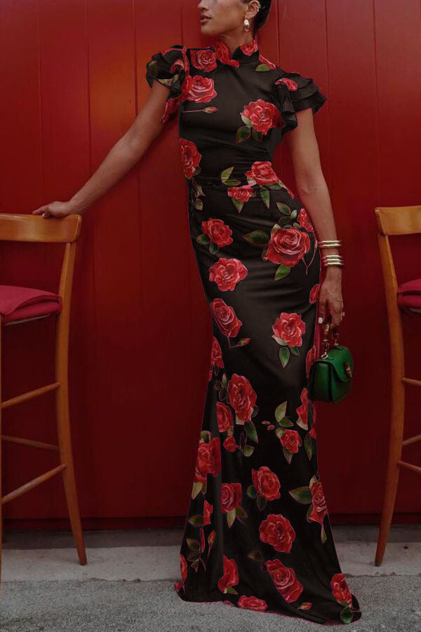 Timotea Rose Print Flutter Sleeve Wedding Guest Maxi Dress