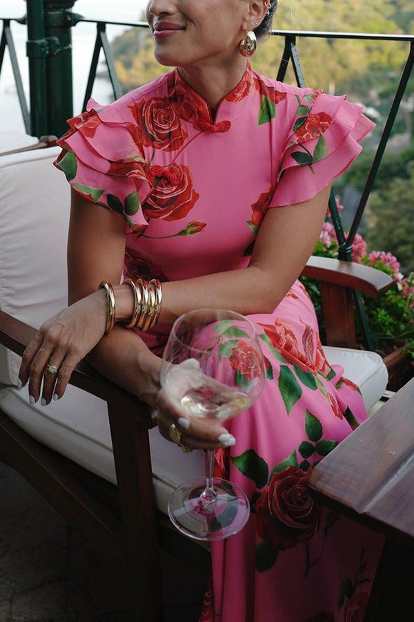 Timotea Rose Print Flutter Sleeve Wedding Guest Maxi Dress