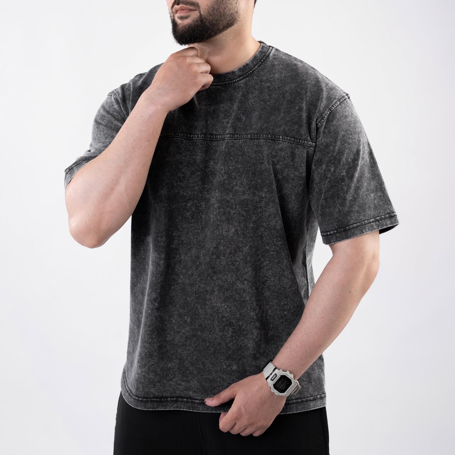 Gray Acid Wash Paneled Oversize T-Shirt
