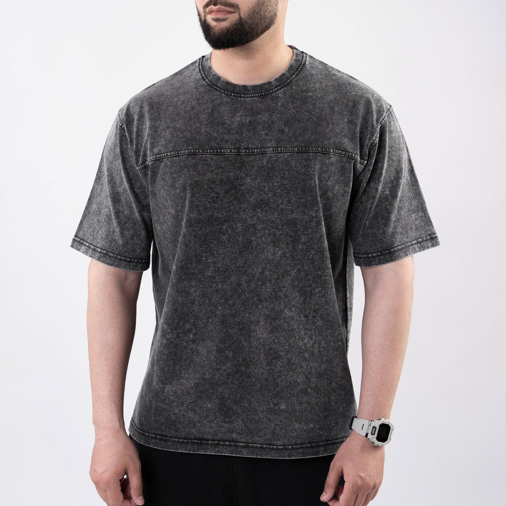 Gray Acid Wash Paneled Oversize T-Shirt