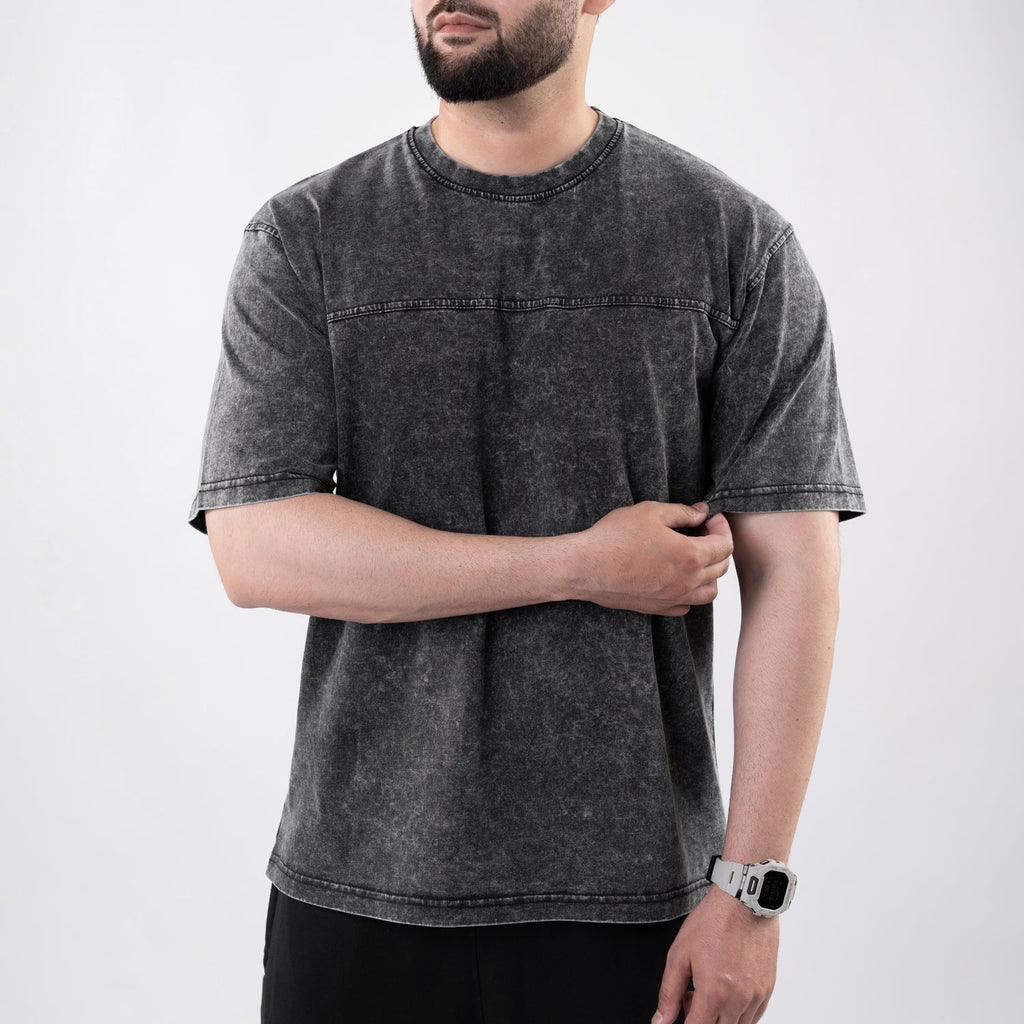 Gray Acid Wash Paneled Oversize T-Shirt
