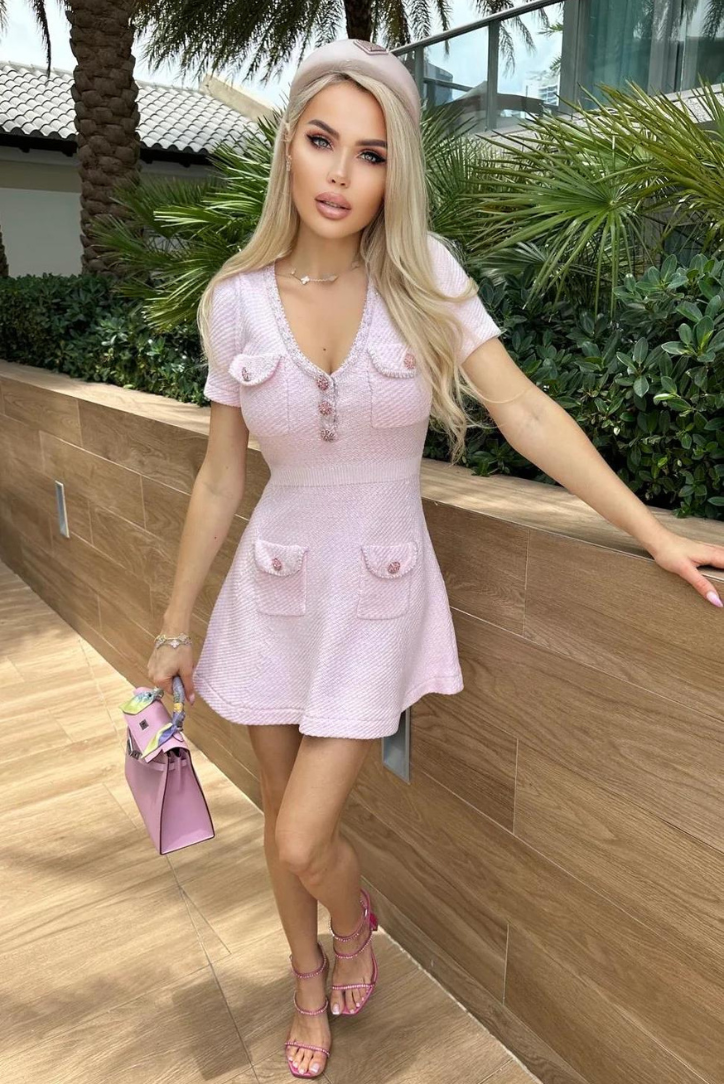 Elisetta Short Sleeve Fitted Ribbed Knit Sweater Mini Dress