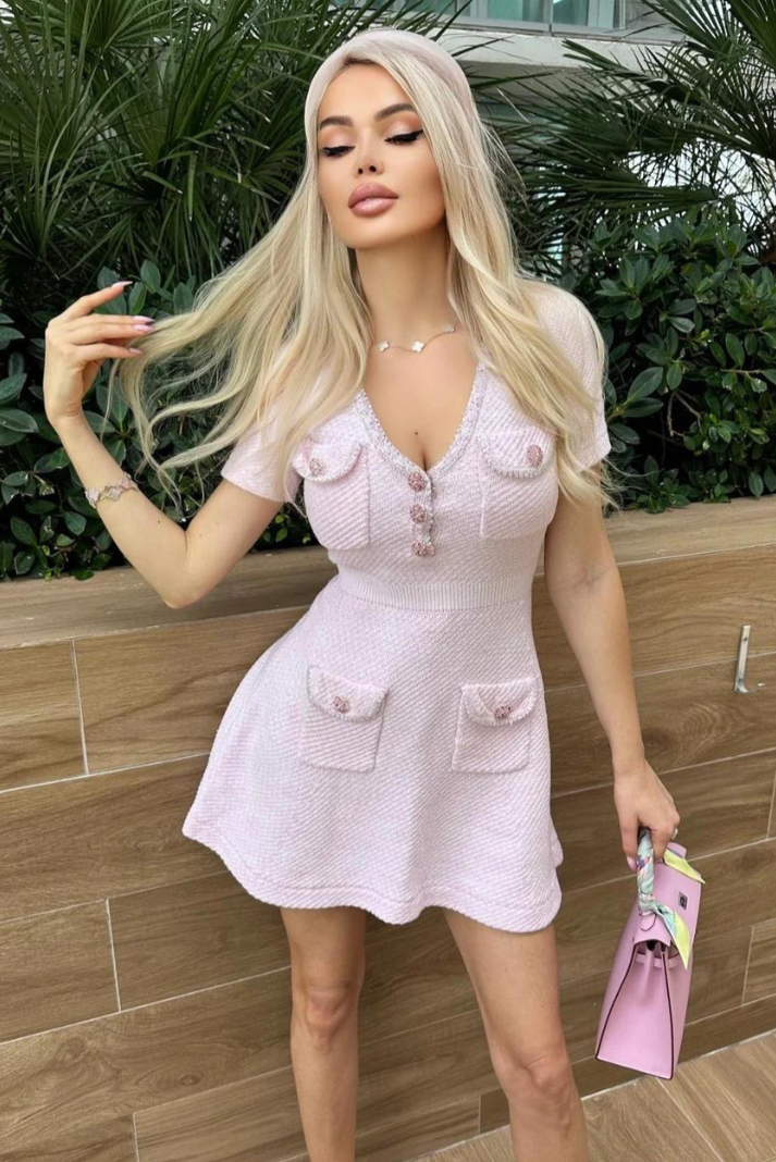 Elisetta Short Sleeve Fitted Ribbed Knit Sweater Mini Dress