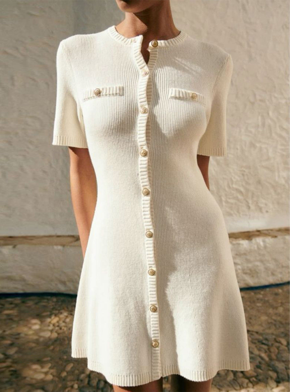 Giardina Short Sleeve Fitted Ribbed Knit Sweater Mini Dress
