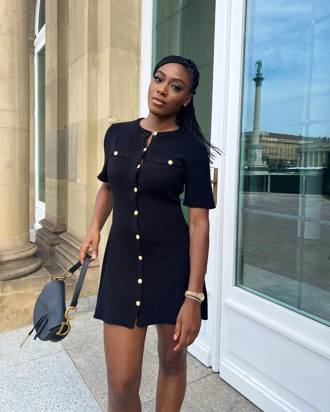 Giardina Short Sleeve Fitted Ribbed Knit Sweater Mini Dress