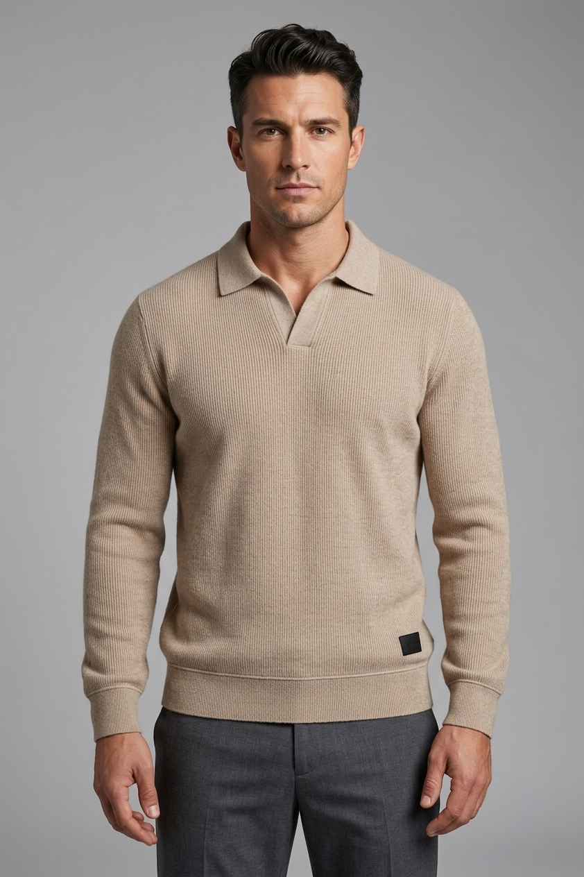 Stone Beige Johnny Collar Ribline Polo